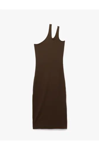 Viskon Kumaş Karışımlı Pencere Detaylı Midi Tek Omuz Elbise-Kahve - 5