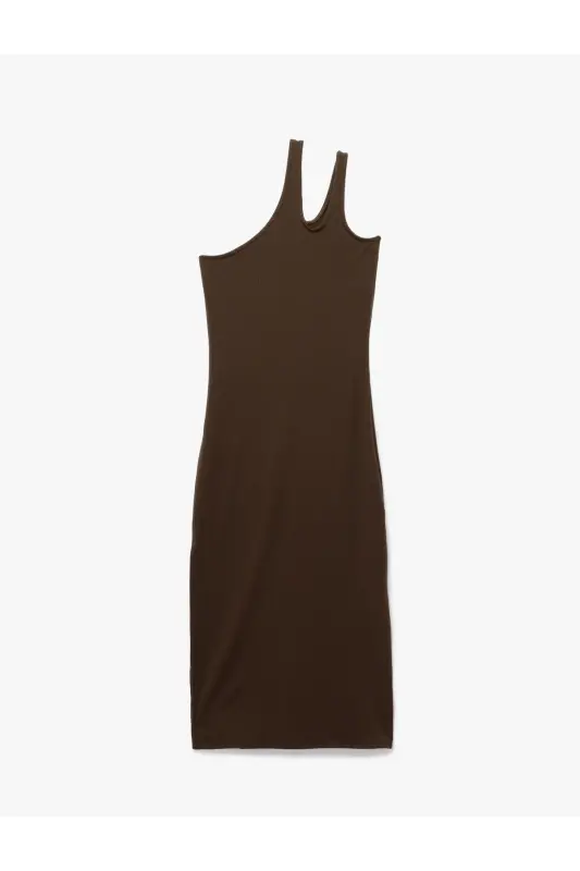 Viskon Kumaş Karışımlı Pencere Detaylı Midi Tek Omuz Elbise-Kahve - 5