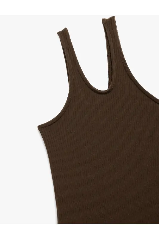 Viskon Kumaş Karışımlı Pencere Detaylı Midi Tek Omuz Elbise-Kahve - 6