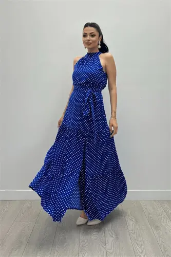 Viskon Kumas Puantiye Desenli Maxi Elbise - SAKS MAVİ - BÜYÜKBEDENIZ (1)