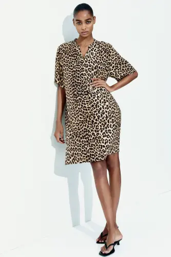 Viskoz Tunik Elbise-Bej/Leopar desenli - 3