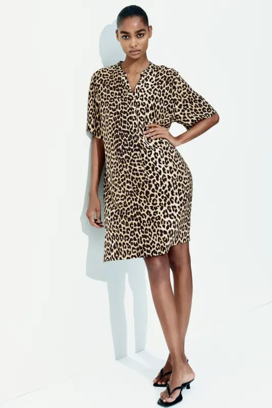 Viskoz Tunik Elbise-Bej/Leopar desenli - 3