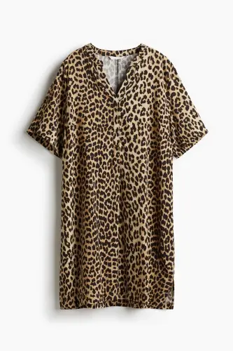 Viskoz Tunik Elbise-Bej/Leopar desenli - 4