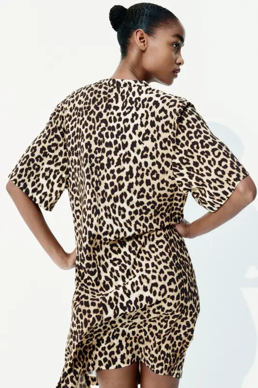 Viskoz Tunik Elbise-Bej/Leopar desenli - 5