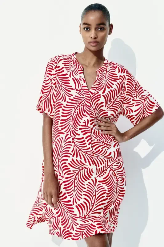 Viskoz Tunik Elbise-Beyaz/Kırmızı desenli - H&M