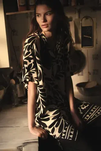 Viskoz Tunik Elbise-Beyaz/Siyah desenli - 1