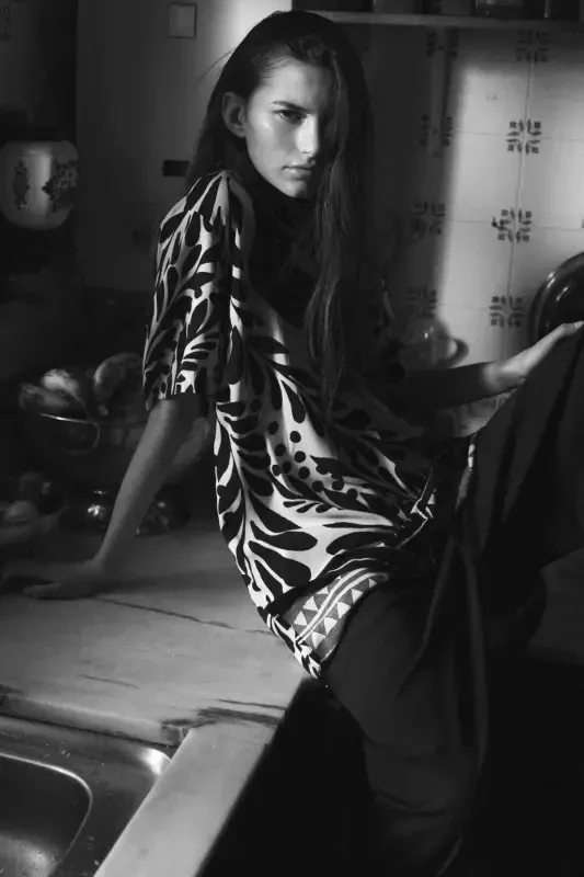 Viskoz Tunik Elbise-Beyaz/Siyah desenli - 2