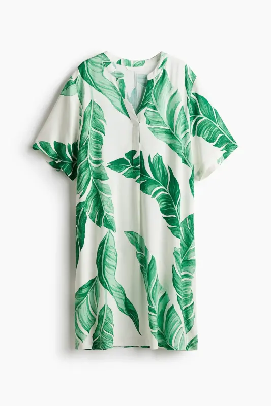 Viskoz Tunik Elbise-Beyaz/Yapraklar - 2