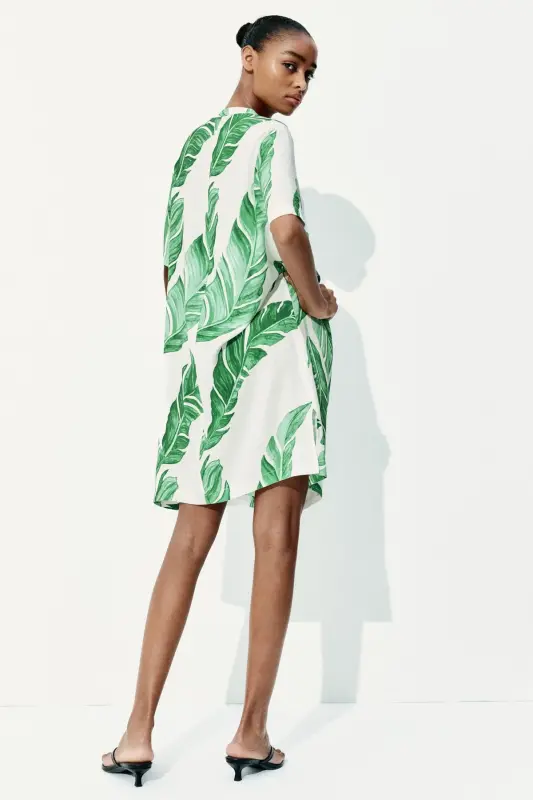 Viskoz Tunik Elbise-Beyaz/Yapraklar - 3