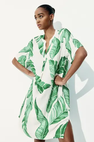 Viskoz Tunik Elbise-Beyaz/Yapraklar 