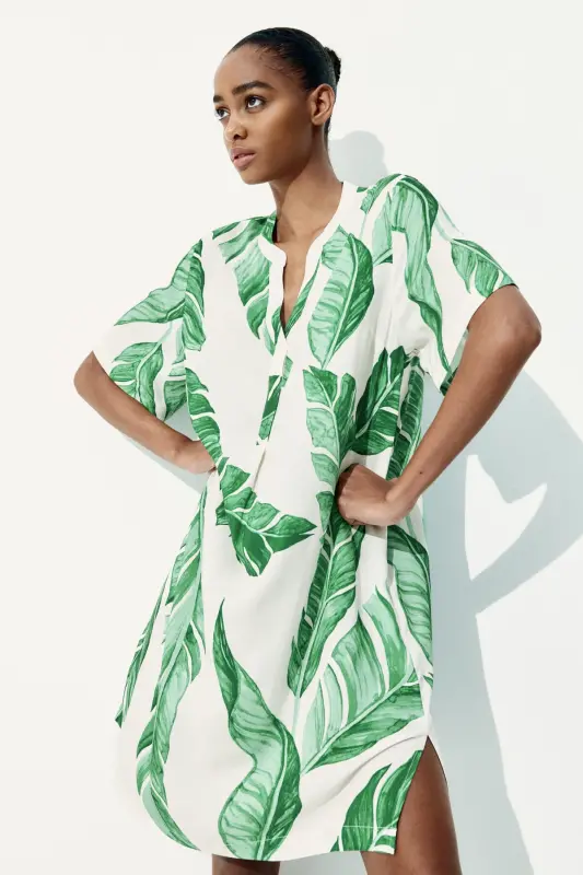 Viskoz Tunik Elbise-Beyaz/Yapraklar - H&M