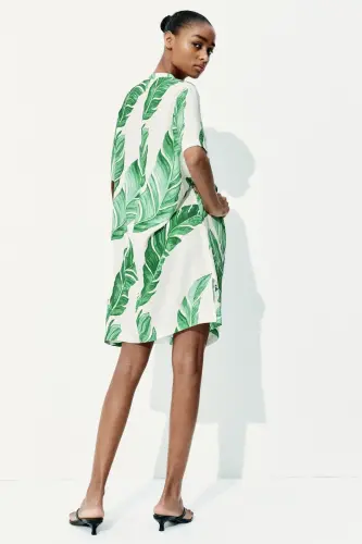 Viskoz Tunik Elbise-Beyaz/Yapraklar - 3