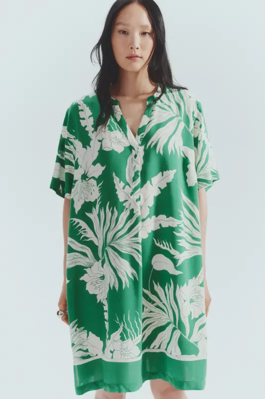 Viskoz Tunik Elbise-Yeşil/Beyaz çiçekli - 2