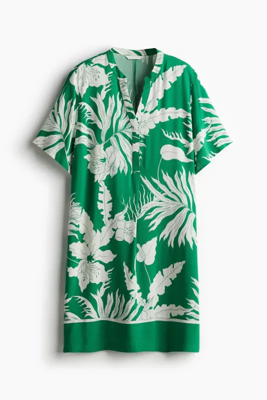 Viskoz Tunik Elbise-Yeşil/Beyaz çiçekli - 3