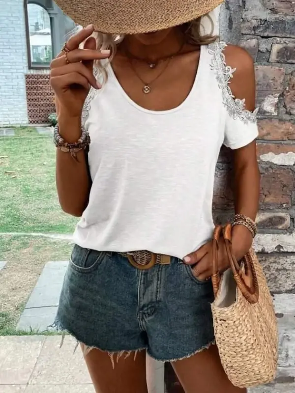 Вискозная блузка с открытыми плечами и круглым вырезом - 2