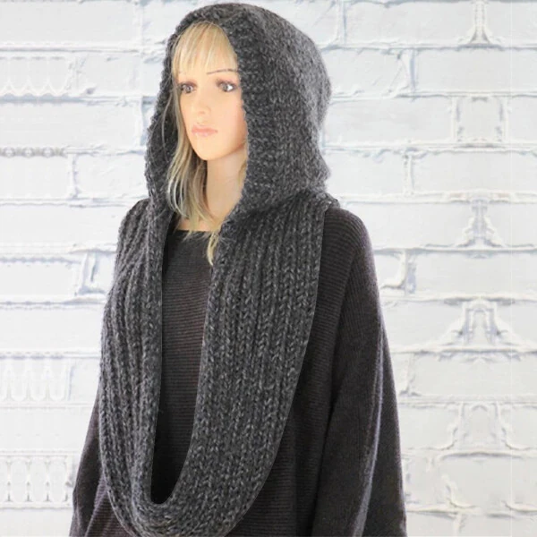 Visland Hooded Scarf, Women Winter Woolen Knitted Warm Shawl Wrap Head Scarves, Black - 7