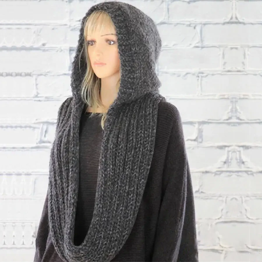 Visland Hooded Scarf, Women Winter Woolen Knitted Warm Shawl Wrap Head Scarves, Black - 7