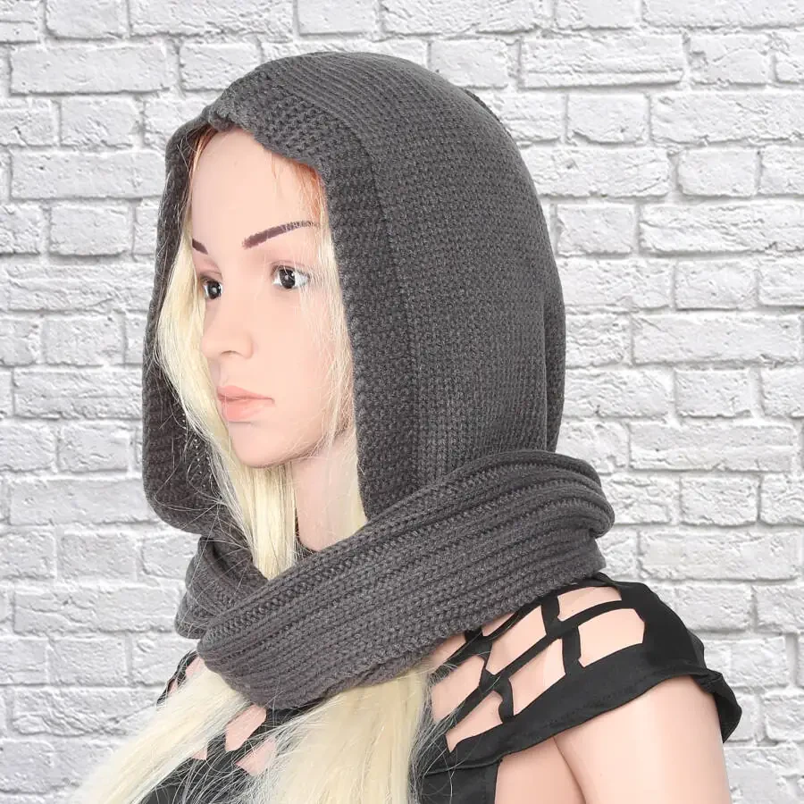 Visland Hooded Scarf, Women Winter Woolen Knitted Warm Shawl Wrap Head Scarves, Black - 2