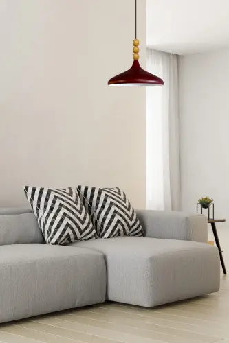 Vişne Çürüğü Ahşap Boncuklu Tekli Avize Sarkıt Salon Butik Lamba Aydınlatma Avizeler - Vişne Çürüğü - 3