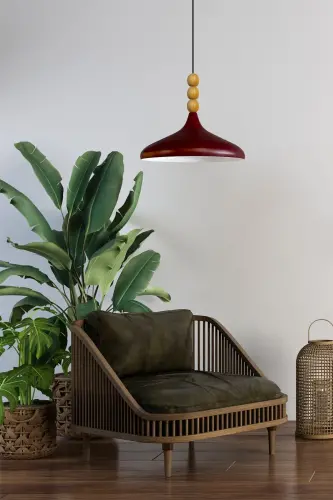 Vişne Çürüğü Ahşap Boncuklu Tekli Avize Sarkıt Salon Butik Lamba Aydınlatma Avizeler - Vişne Çürüğü - 4