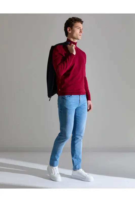 Vişne Slim Fit Balıkçı Yaka Basic Triko Kazak 50314202-VR223 - Vişne - 1