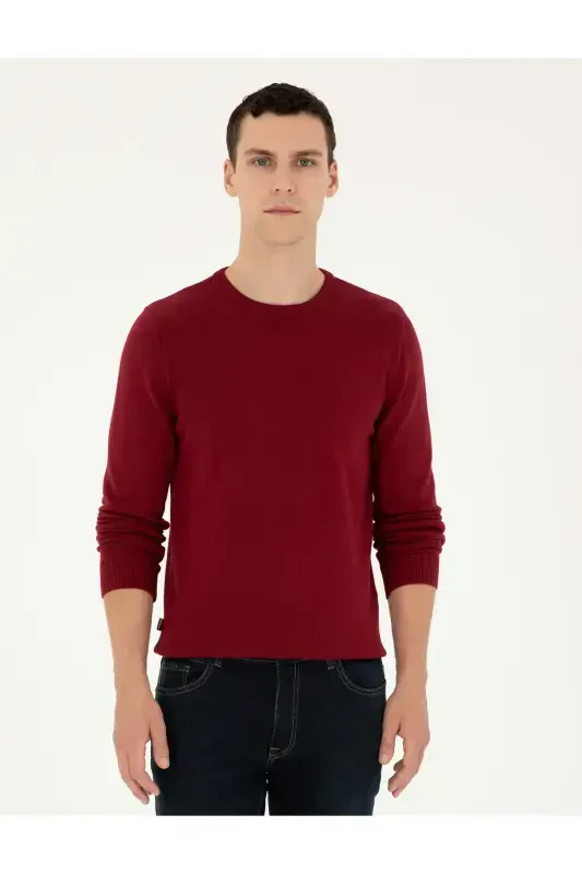 Vişne Slim Fit Bisiklet Yaka Basic Triko Kazak 50296575-VR223-Vişne - PIERRE CARDIN