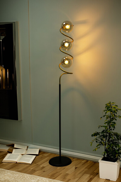 Vista Eskitme Mat Gold Detaylı Siyah Metal Tek Ayaklı Lambader - VINNER