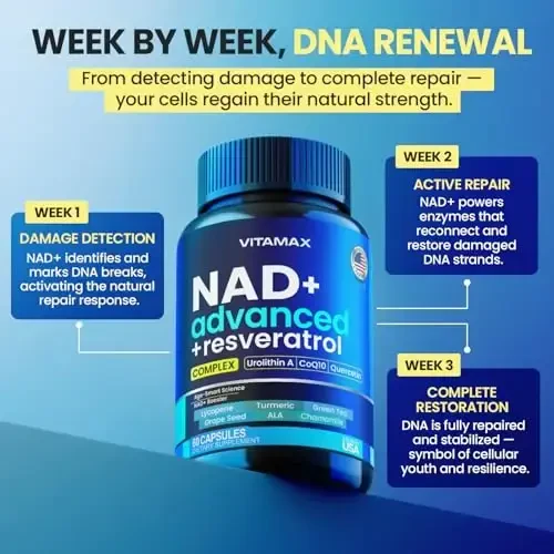 Vitamax NAD+ Supplement Extra Strength - Liposomal + Urolithin A, Resveratrol, CoQ10 - Women & Men - ALA, Green Tea, Quercetin, Lycopene – High Purity, Energy & Regeneration - Made in USA – 60ct - 1