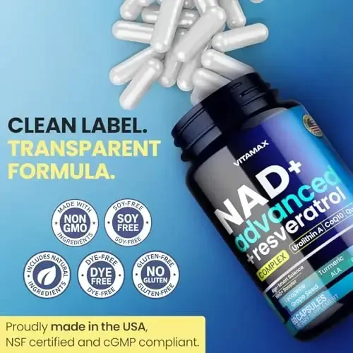 Vitamax NAD+ Supplement Extra Strength - Liposomal + Urolithin A, Resveratrol, CoQ10 - Women & Men - ALA, Green Tea, Quercetin, Lycopene – High Purity, Energy & Regeneration - Made in USA – 60ct - 4