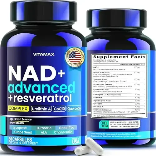 Vitamax NAD+ Supplement Extra Strength - Liposomal + Urolithin A, Resveratrol, CoQ10 - Women & Men - ALA, Green Tea, Quercetin, Lycopene – High Purity, Energy & Regeneration - Made in USA – 60ct - 6