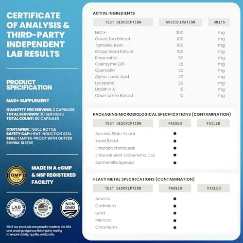 Vitamax NAD+ Supplement Extra Strength - Liposomal + Urolithin A, Resveratrol, CoQ10 - Women & Men - ALA, Green Tea, Quercetin, Lycopene – High Purity, Energy & Regeneration - Made in USA – 60ct - 3