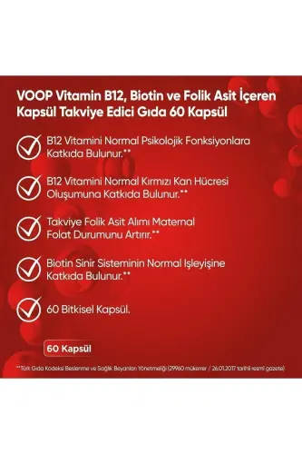 Витамин B12 - Биотин & Фолиевая Кислота Поддержка Кожи, Волос, Ногтей и Здоровья Мозга 60 Растительных Капсул - VOOP (1)