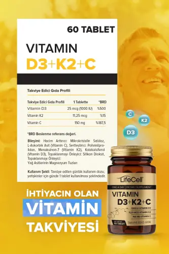 Vitamin D3 K2 C - 60 tablet Kompleks Vitamin Qo'llab-quvvatlash - LIFECELL (1)