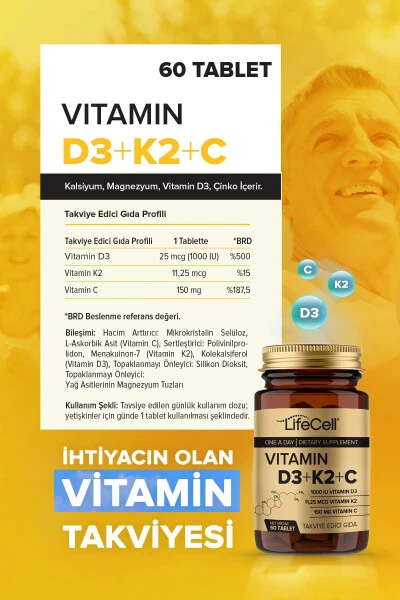Vıtamın D3 K2 C - 60 Tablet Komplex Vitamin Desteği - LIFECELL (1)