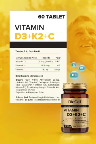 Vitamin D3 K2 C - 60 Tablets Complex Vitamin Support - LIFECELL (1)