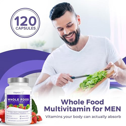 VitaminIQ Tam Gıda Çoklu Vitamin Erkekler İçin (120 Vejetaryen Kapsül) Erkekler İçin Çoklu Vitamin ve Mineral Takviyesi Kalsiyum, Magnezyum, Selenyum, A, B6, C, D3, E ve Daha Fazla İçerir - 2