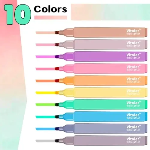Vitoler 10Pcs Aesthetic Highlighters, Chisel Tip Marker Pens, Assorted Color Candy Highlighters, No Bleed Bible Highlighters, Cute Pastel Highlighters for Journaling Planner Notes School Supplies - VITOLER (1)