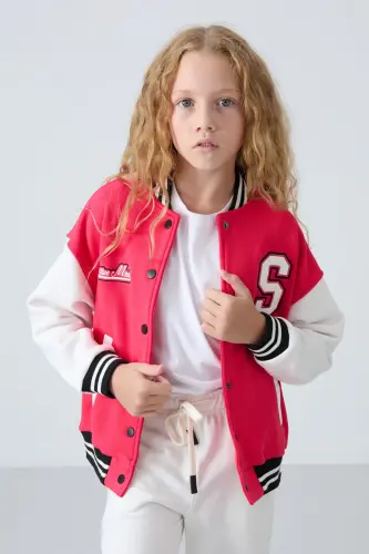 Viva Red Cotton Plush Lined Soft Touch Standard Fit Embroidered Girls College Jacket - 75163-Viva red - 4