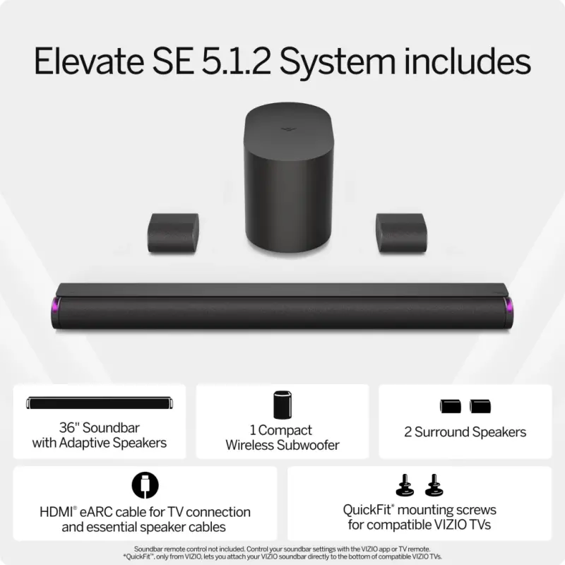 VIZIO Elevate SE 5.1.2 Dolby Atmos va DTS: X (YANGI) SL512X-0806 bilan Soundbar - 14