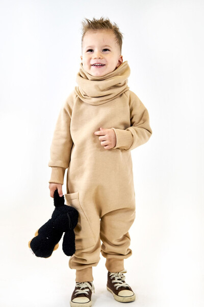 Vizon 3 Iplik Şardonlu Penye Arkadan Fermuarlı Tulum + Boyunluk-Vizon - CATZ KIDS