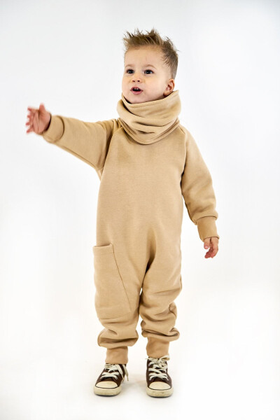 Vizon 3 Iplik Şardonlu Penye Arkadan Fermuarlı Tulum + Boyunluk-Vizon - CATZ KIDS (1)