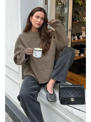 Vizon Bisiklet Yaka Oversize Triko Kazak Mg1972-Bej - 3