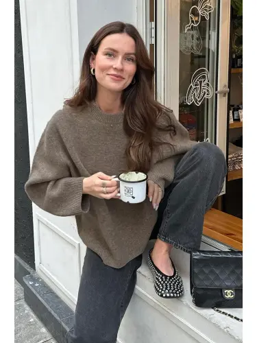 Vizon Bisiklet Yaka Oversize Triko Kazak Mg1972-Bej - 4