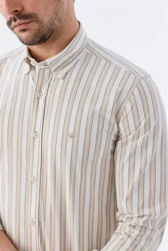 Vizon Comfort Fit тугмали ёқаси чизикли пахта кўйлак - 3