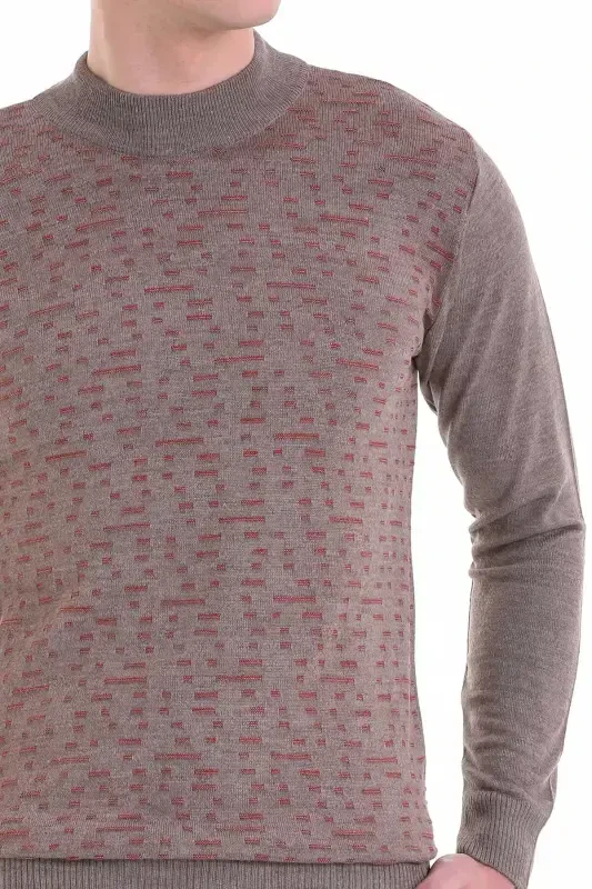 Визон Comfort Fit Жаккардовый Полушерстяной Джемпер с Воротником-стойкой - HATEMOĞLU