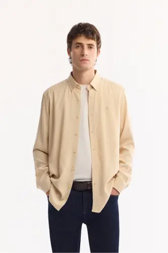 Erkek Vizon Düğmeli Yaka Keten Karışımlı Slim Fit Gömlek B002001-Vizon 