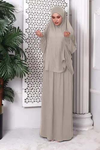Vizon Kadın İki Parça Peçeli Penye Namaz Elbisesi - Vizon - 3
