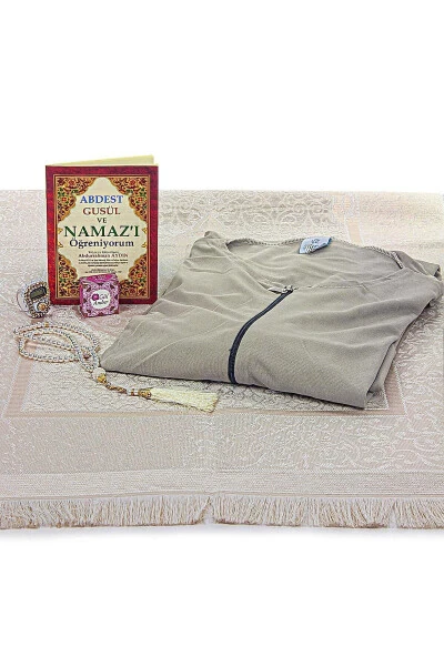 Vizon Kadın Pratik Başörtülü Fermuarlı Tek Parça Namaz Elbisesi Seccade Seti-Vizon - 4