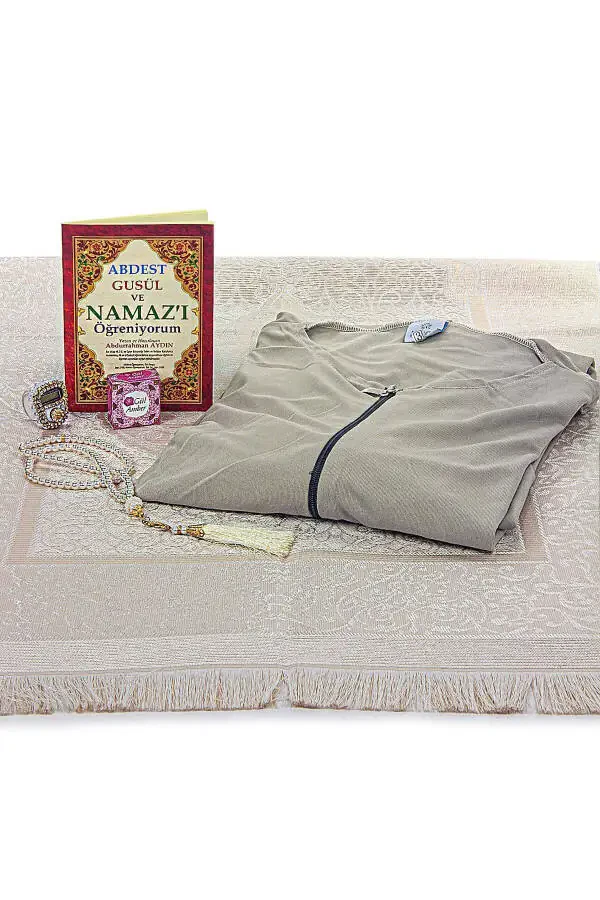 Vizon Kadın Pratik Başörtülü Fermuarlı Tek Parça Namaz Elbisesi Seccade Seti-Vizon - 4