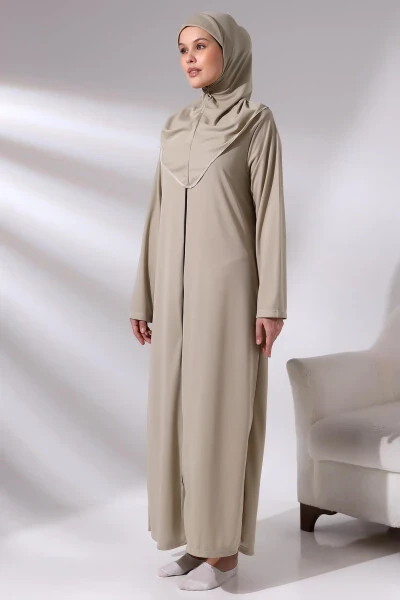 Vizon Kadın Pratik Başörtülü Fermuarlı Tek Parça Namaz Elbisesi Seccade Seti-Vizon - 5
